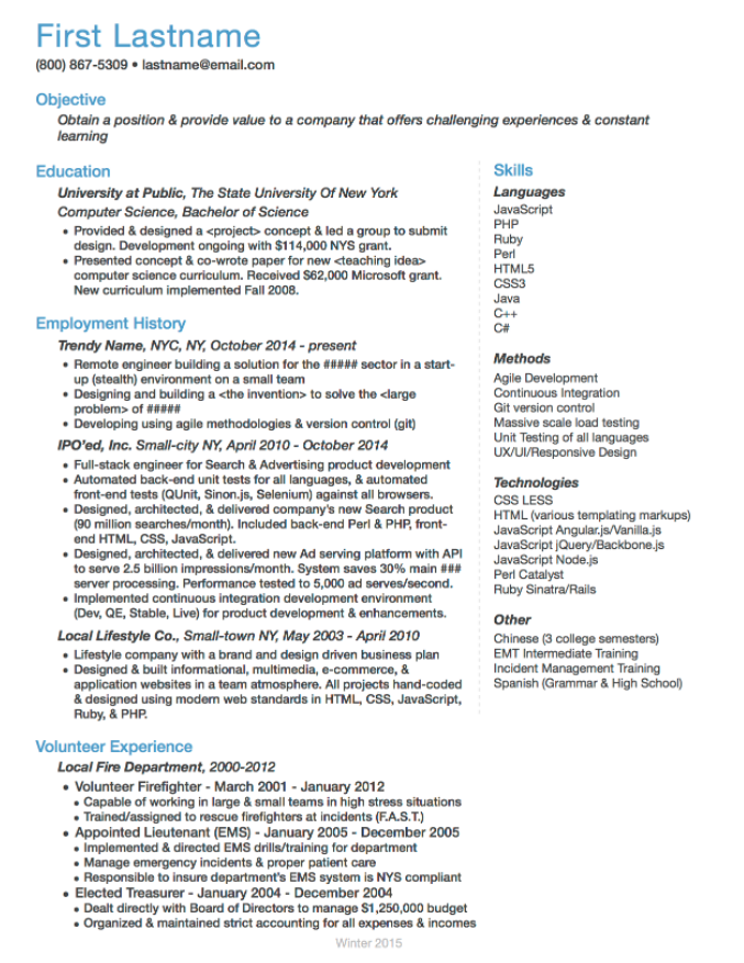 Example of a developer's resume 