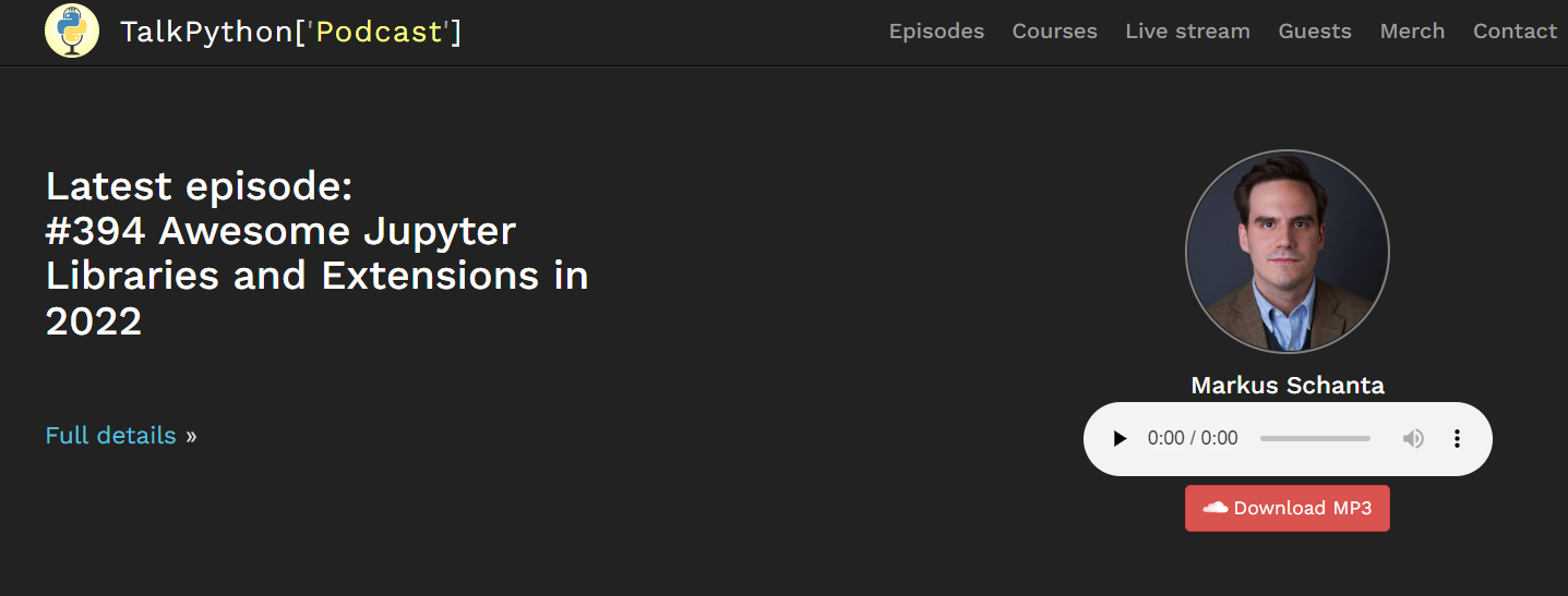 Screenshot of Talk Python to me podcast 