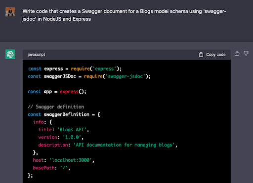 Screenshot of ChatGPT creating a swagger document