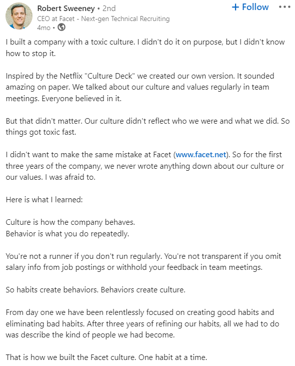 Robert Sweeney's post describing ways to foster healthy culture at workplaces.