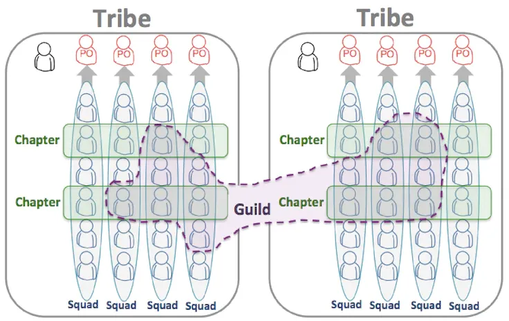 The Spotify model organizes teams in quads, chapters, and tribes.