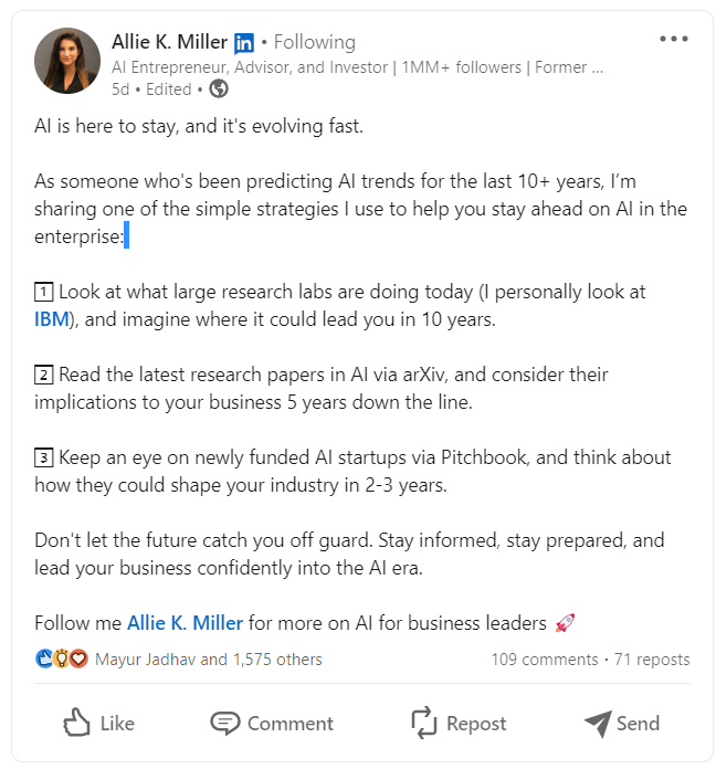 Allie Miller's LinkedIn post on AI's future