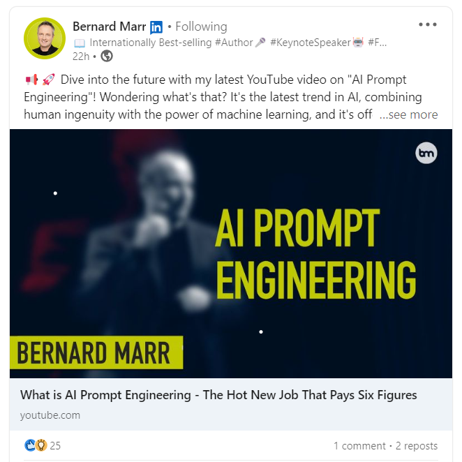 Bernard Marr's Linkedin post on Artificial Intelligence